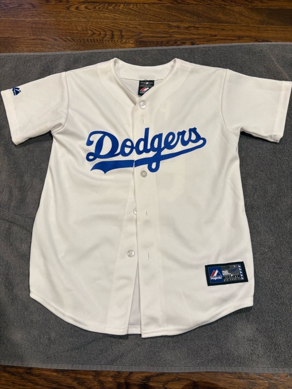Majestic White Dodgers Youth Button-Front Jersey with Blue Script